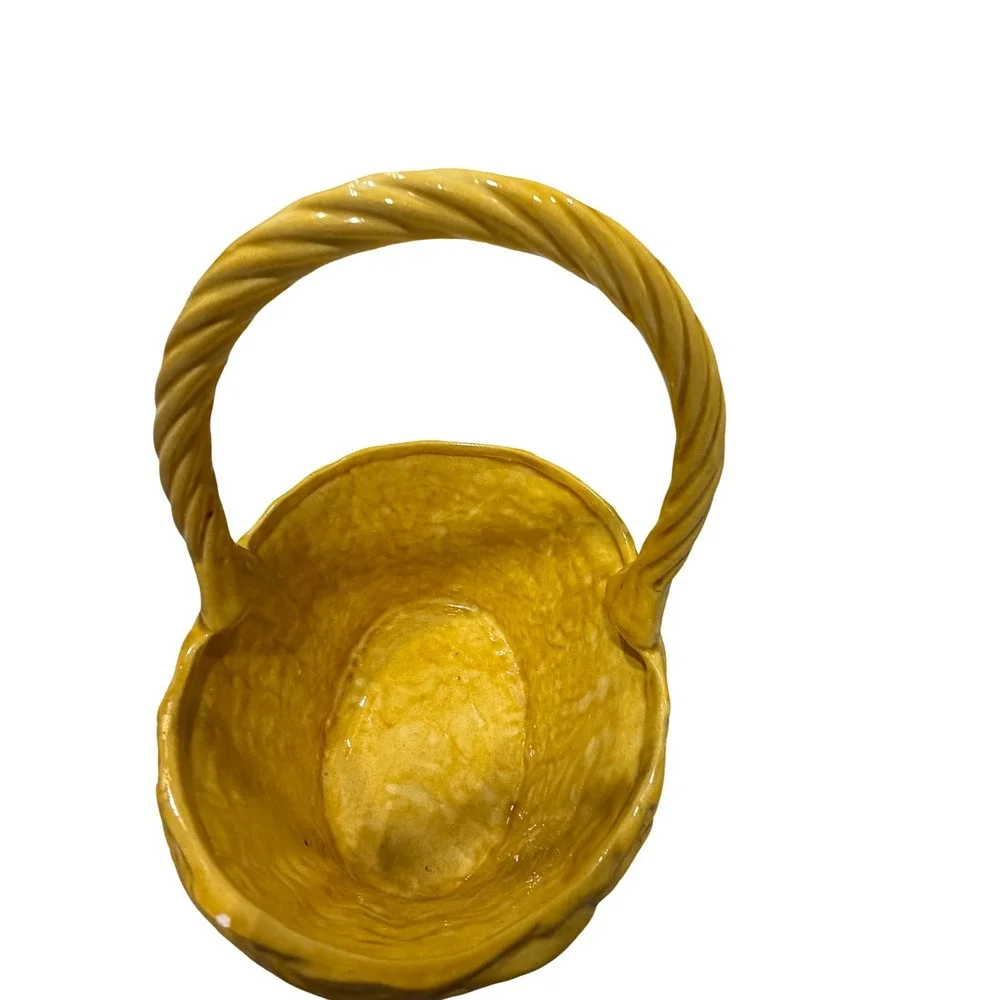 Vintage Yellow Ceramic Woven Basket with Twisted Handle Decorative Decor 11 inch
